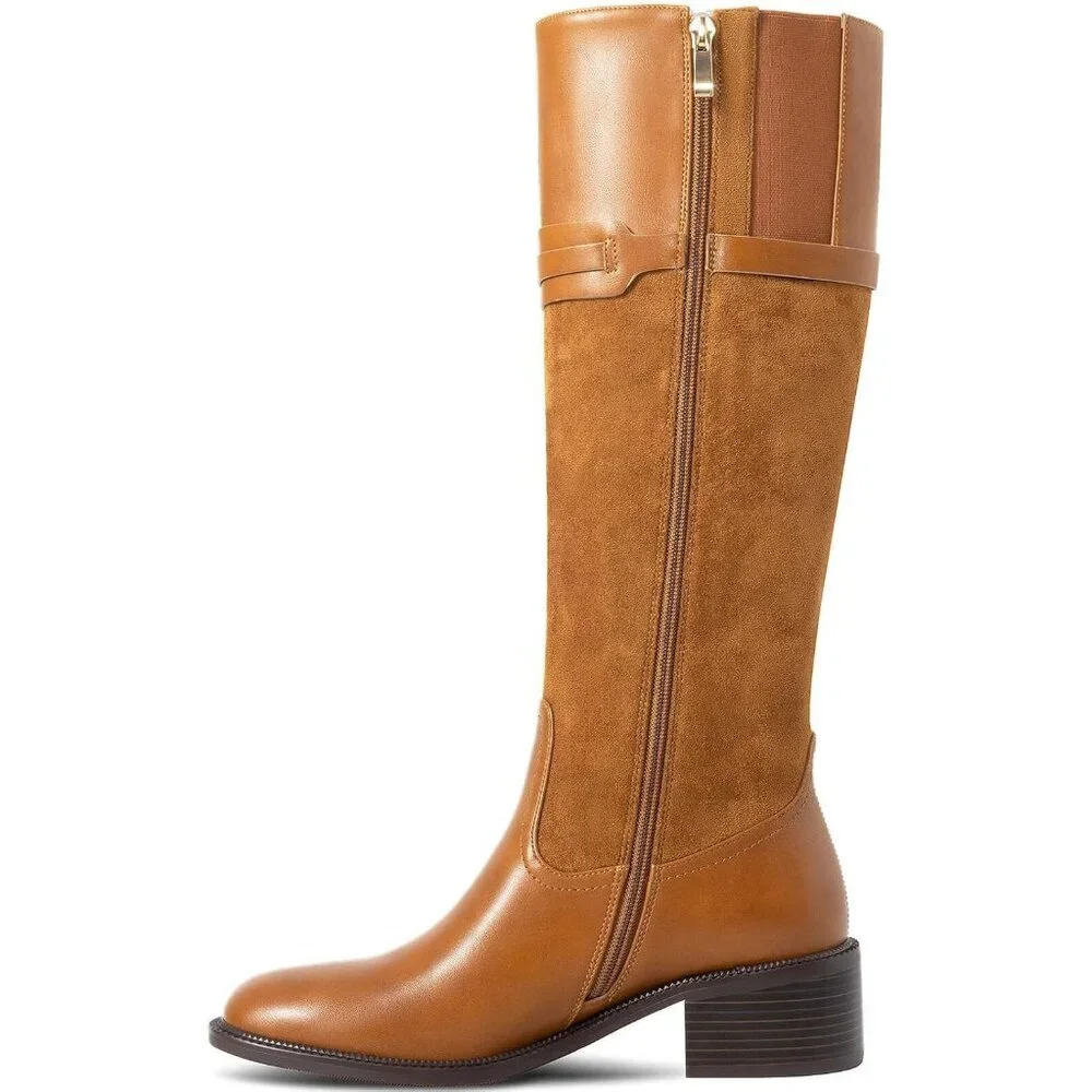 Women's Brown Round Toe Chunky Block Heel Side Zipper Buckle Knee High Boots